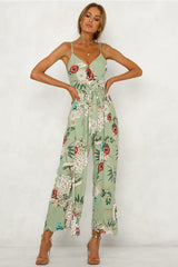 V Neck Strap Floral Print Wide Leg Jumpsuit