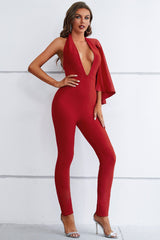 Yvette Halter Deep V Draped Bandage Jumpsuit