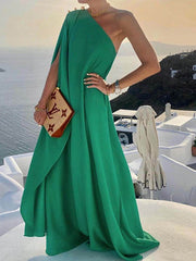 Vorioal Solid Color One-Shoulder Dress