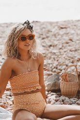 Orange Floral Smocked Ruffle Trim Bandeau Bikini Top