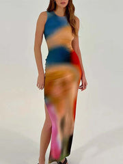 Vorioal O-Neck Slim Slit Dress