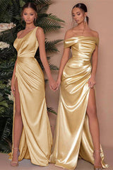 Off Shoulder Folds Sleeveless Slit Prom Dress