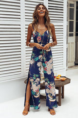 V Neck Strap Floral Print Wide Leg Jumpsuit