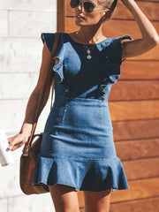 Vorioal O Neck Flouncing Denim Dress