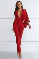 Yvette Halter Deep V Draped Bandage Jumpsuit