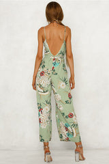V Neck Strap Floral Print Wide Leg Jumpsuit