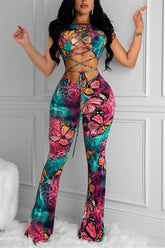 Multicolor Sexy Butterfly Print Cutout Jumpsuit