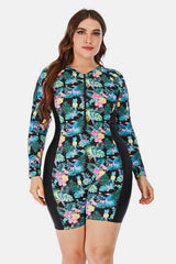 Plus Size Floral Zip Up Long Sleeve Short Wetsuit