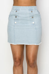 Button Frayed Denim Mini Skirt