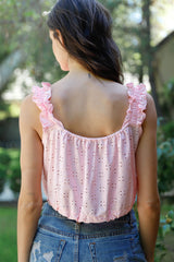 Embroidered Ruffle Trim Strap Sleeveless Crop Top