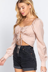Long Sleeve Sweetheart Neck Front Ribbon Tie Detail Woven Top