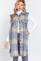 Notched Collar Brushed Plaid Vest