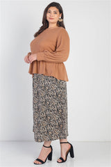 Plus Caramel Waffle Knit Back Button Detail Long Sleeve Top