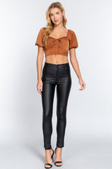Short Slv Shirring Satin Crop Top