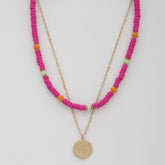 Coin Wood Bead Layered Necklace