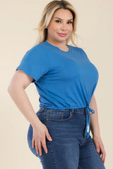 Plus Size Tie Front Drawstring Short Sleeve Crop Top