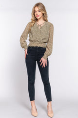 Surplice Smocked Print Chiffon Blouse