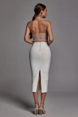 Pearl Halter Bandage Dress - Beige
