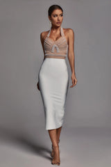 Pearl Halter Bandage Dress - Beige