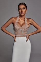 Pearl Halter Bandage Dress - Beige