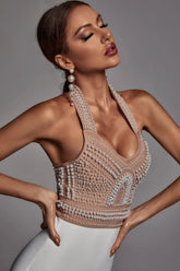 Pearl Halter Bandage Dress - Beige