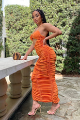 Lusune Ruched Cutout Midi Dress