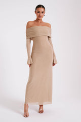 Off Shoulder Diamante Maxi Dress - Nude