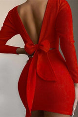 Open Back Knotted Long Sleeve Bodycon Dress