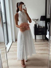 White Hollow Out Pattern Halter Belt Maxi Dress