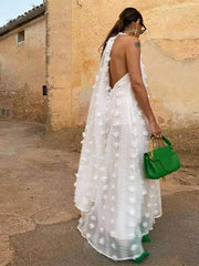 White Flower Embroidery Layered Halter Maxi Dress
