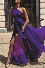 One Shoulder Tie Waist High Slit Maxi Dress