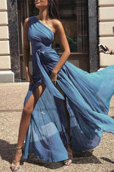 One Shoulder Tie Waist High Slit Maxi Dress