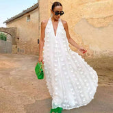 White Flower Embroidery Layered Halter Maxi Dress