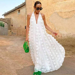 White Flower Embroidery Layered Halter Maxi Dress