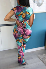 Multicolor Sexy Butterfly Print Cutout Jumpsuit