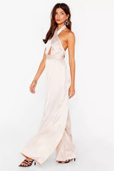 Satin Halter Neck Cut Out Wide Leg Jumpsuit