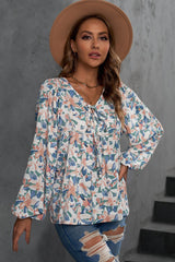 Floral Tie-Neck Long Balloon Sleeve Blouse