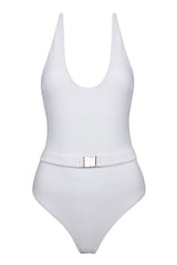 White V-neck Belted One Piece Swimsuit