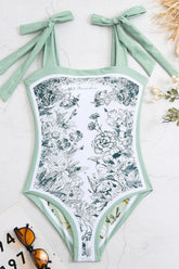 Spring Green Floral Print Reversible Tie-Shoulder One Piece Swimsuit