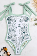 Spring Green Floral Print Reversible Tie-Shoulder One Piece Swimsuit