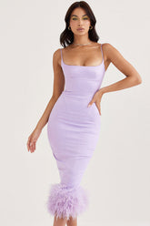 Luxury Square Neck Feathered Satin Cocktail Party Midi Dress - Lilac