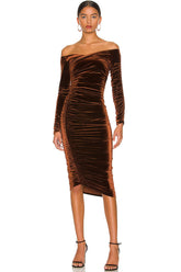 Off Shoulder Long Sleeve Velvet Cocktail Party Midi Dress - Chocolate