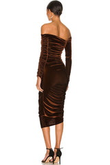 Off Shoulder Long Sleeve Velvet Cocktail Party Midi Dress - Chocolate