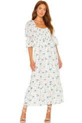 Romantic Puff Sleeve Smocked A-Line Floral Printed Midi Dress - White