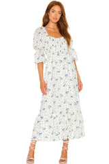 Romantic Puff Sleeve Smocked A-Line Floral Printed Midi Dress - White