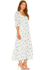 Romantic Puff Sleeve Smocked A-Line Floral Printed Midi Dress - White