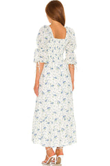 Romantic Puff Sleeve Smocked A-Line Floral Printed Midi Dress - White