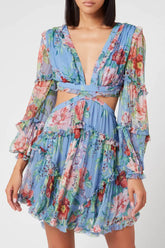 Ruffle Long Sleeve Deep V Cutout Chiffon Floral Mini Dress - Blue