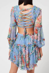 Ruffle Long Sleeve Deep V Cutout Chiffon Floral Mini Dress - Blue