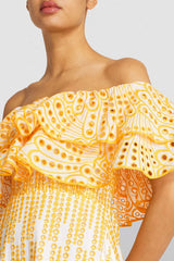 Tiered Off Shoulder Broderie Anglaise Ruffle Maxi Dress - Yellow